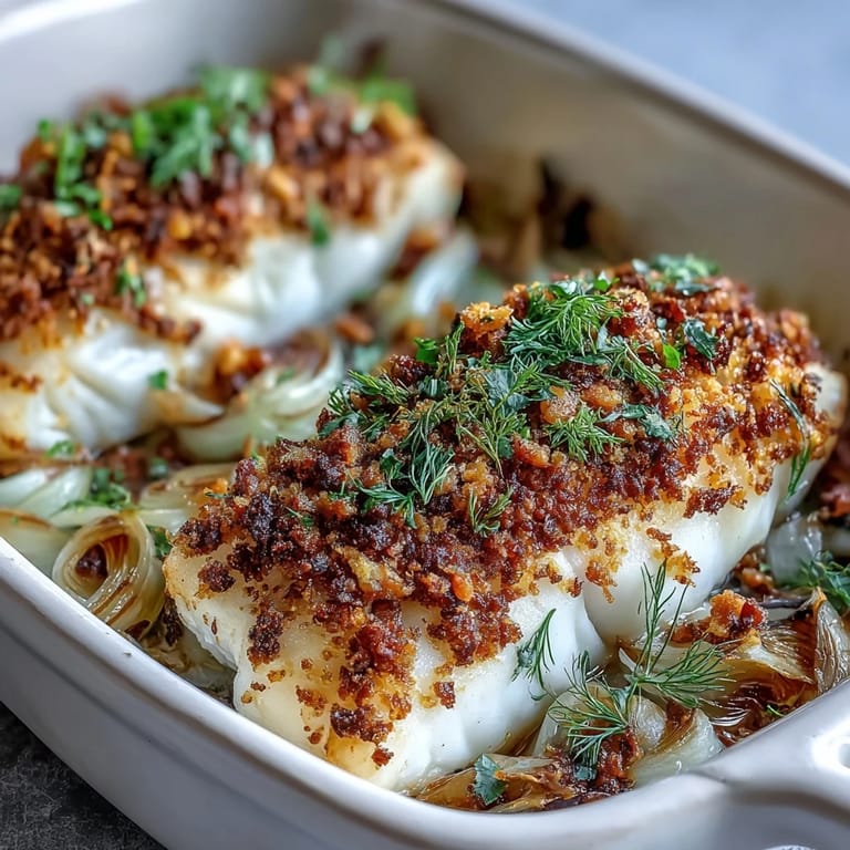 Tender halibut with zesty lemon and fresh parsley, paired with a savory walnut pangrattato and golden roasted fennel on a platter.