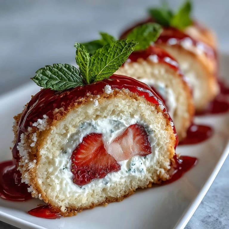 A close-up of sliced Strawberry Shortcake Sushi Roll, revealing bright red berries and creamy filling on a rustic board.