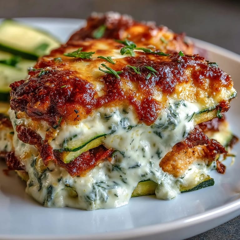 Fresh parsley garnishes a slice of cheesy, high-protein chicken zucchini bake served warm.