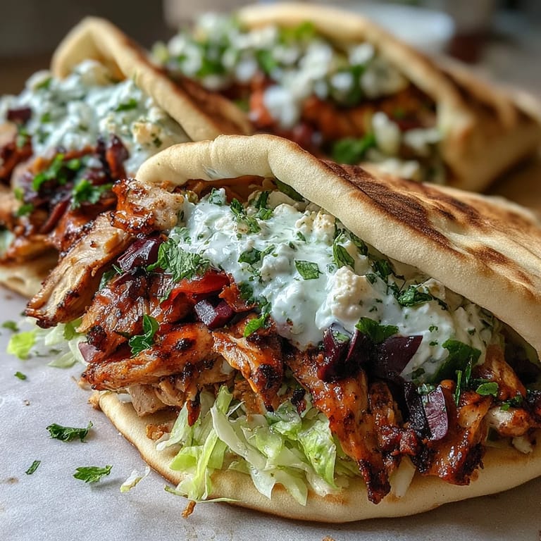 Sizzling Mediterranean Chicken Gyros topped with vibrant diced tomatoes and onions, served alongside a bowl of creamy feta tzatziki and bright lemon wedges.