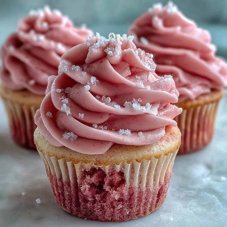 Sliced Pink Velvet Cupcake reveals moist crumb, topped with creamy vanilla buttercream swirl.