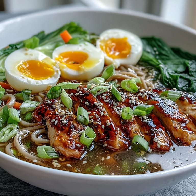 Healthy Miso Chicken Noodle Bowls in a steaming savory broth topped with soft-boiled eggs and sesame seeds.
