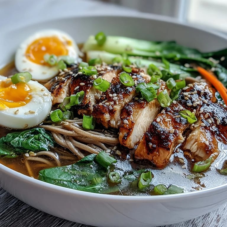 Close-up of Healthy Miso Chicken Noodle Bowls highlighting crisp bok choy and fresh scallions ready to serve.