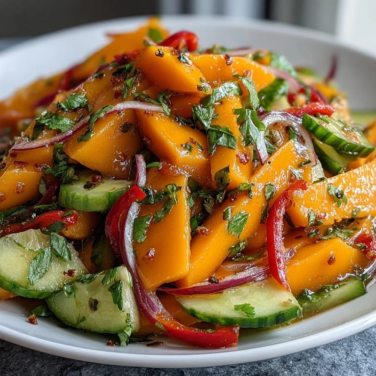 Bright citrus dressing glistens over the mango salad, flecked with fresh cilantro and a few thin red chilies, ready to be served as a refreshing lunch or light dinner.