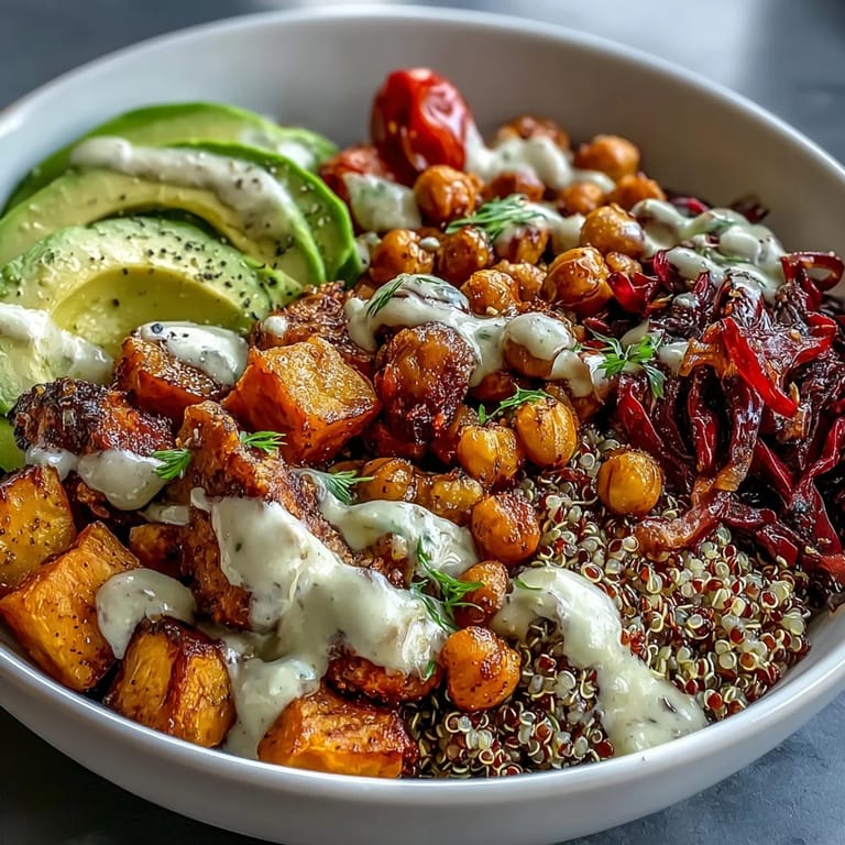 Freshly assembled Buddha Bowl with quinoa, roasted sweet potatoes, and crisp veggies drizzled with garlic tahini dressing.