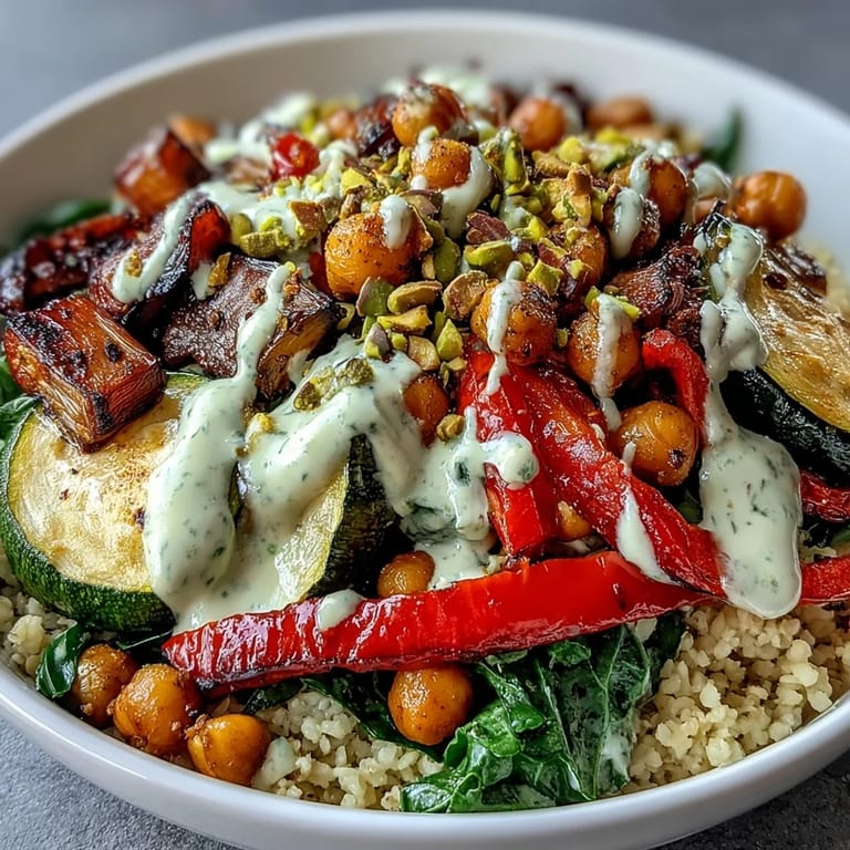 A close-up of Mediterranean Buddha Bowl meal prep shows golden roasted vegetables, steamed kale, and creamy tahini dressing ready for healthy lunches.