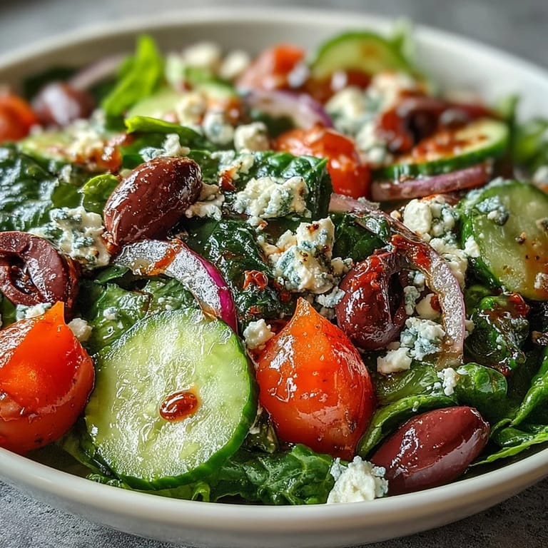 This Mediterranean-inspired Greek Salad Bowl showcases juicy tomatoes, crisp veggies, and crumbled feta on a bed of chopped romaine.