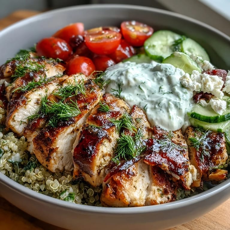 A vibrant Greek Chicken Power Bowl topped with colorful cherry tomatoes, diced cucumber, and Kalamata olives, garnished with parsley and finished with a dollop of cool tzatziki.