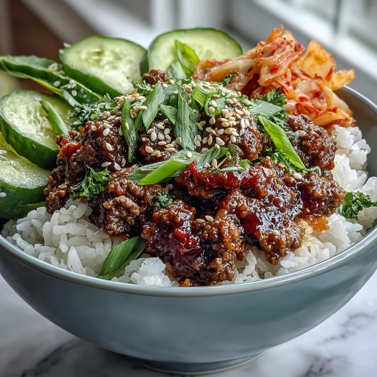 A fresh Korean Beef Bowl garnished with crisp cucumber, tangy kimchi, and toasted sesame seeds, served over steaming rice for a quick weeknight meal.