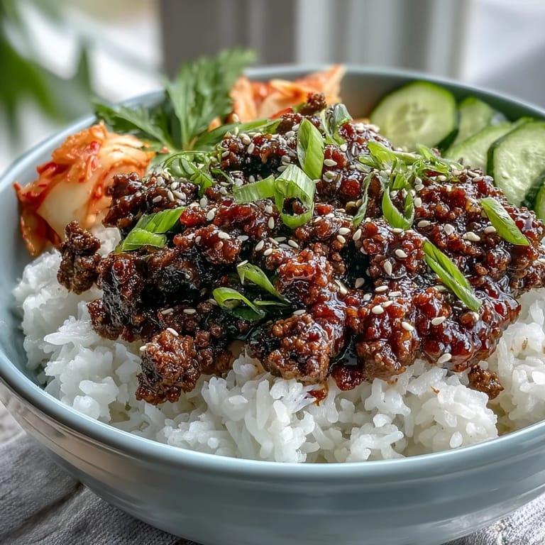 An overhead view of a hearty Korean Beef Bowl with seasoned ground beef, quick-pickled carrots and radish, and sliced radishes on a warm bed of rice.