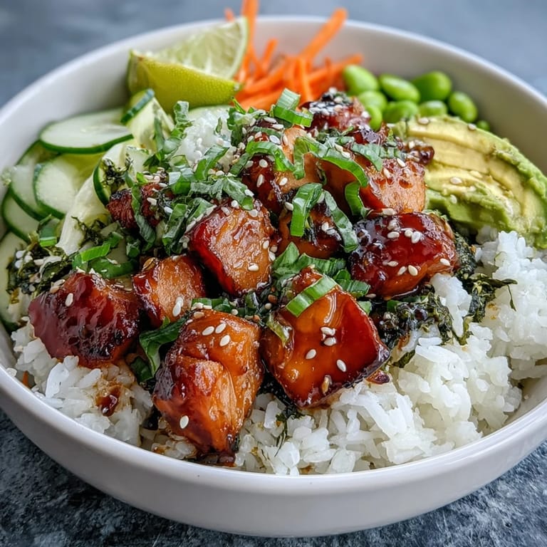 Golden Baked Salmon Rice Bowl featuring juicy salmon, fluffy rice, avocado slices, and fresh cucumber ribbons.
