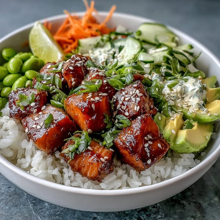 Healthy Baked Salmon Rice Bowl topped with edamame, carrots, and spicy sriracha mayo drizzle for a quick dinner.