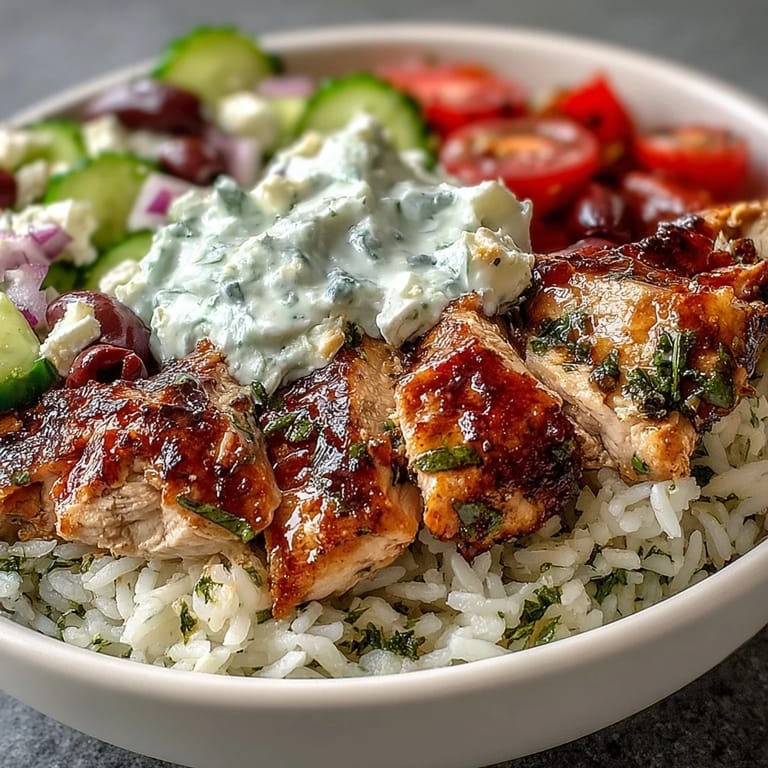 A wholesome Greek Chicken Bowl featuring briny Kalamata olives, fragrant lemon-herb chicken, and colorful Mediterranean vegetables for a satisfying, healthy meal.  