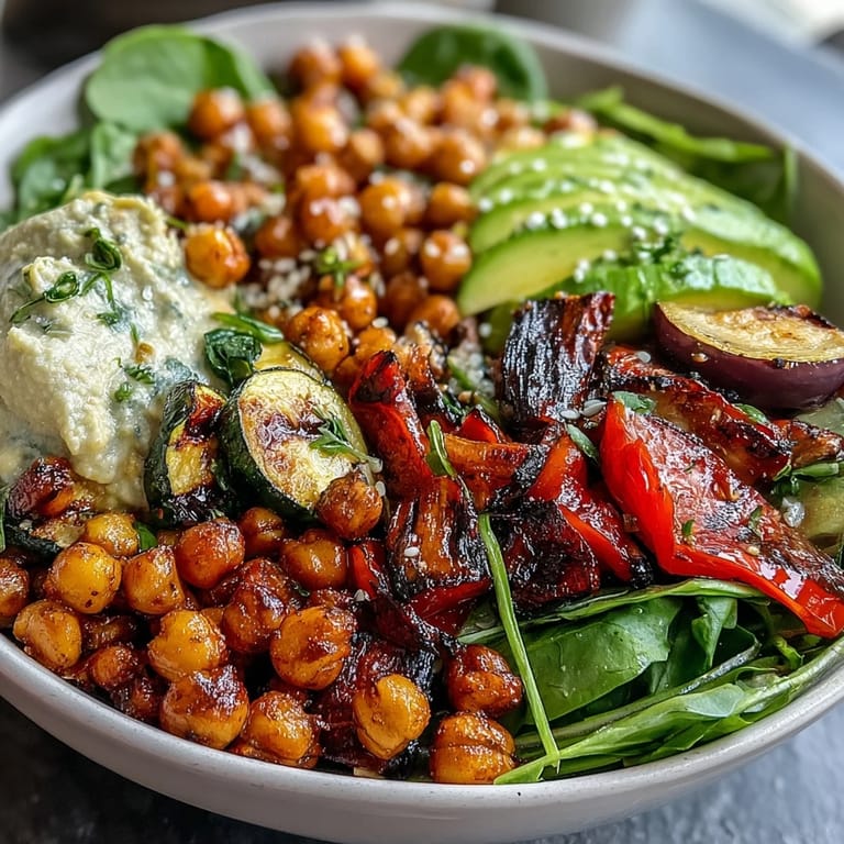 A nourishing Vegan Mediterranean Buddha Bowl topped with avocado, olives, and tahini drizzle.