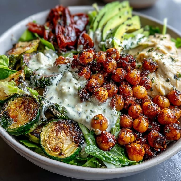 Colorful Vegan Mediterranean Buddha Bowl featuring crisp greens, warm roasted vegetables, and zesty dressing.
