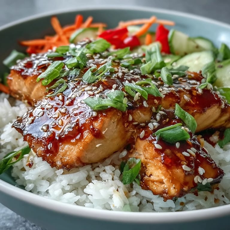 This healthy Asian-Inspired Salmon Bowl features tender fish, crisp carrots and cucumbers, edamame, and a drizzle of glaze, perfect for a quick weeknight dinner.  