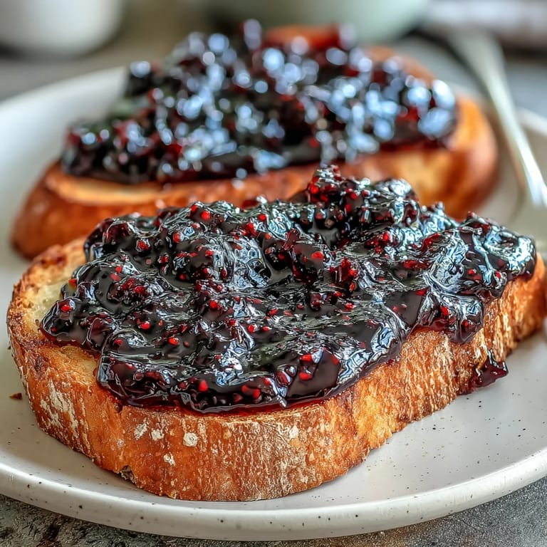 Freshly poured Black Currant Jelly cools in a sterilized glass jar, ready for spreading on toast. 