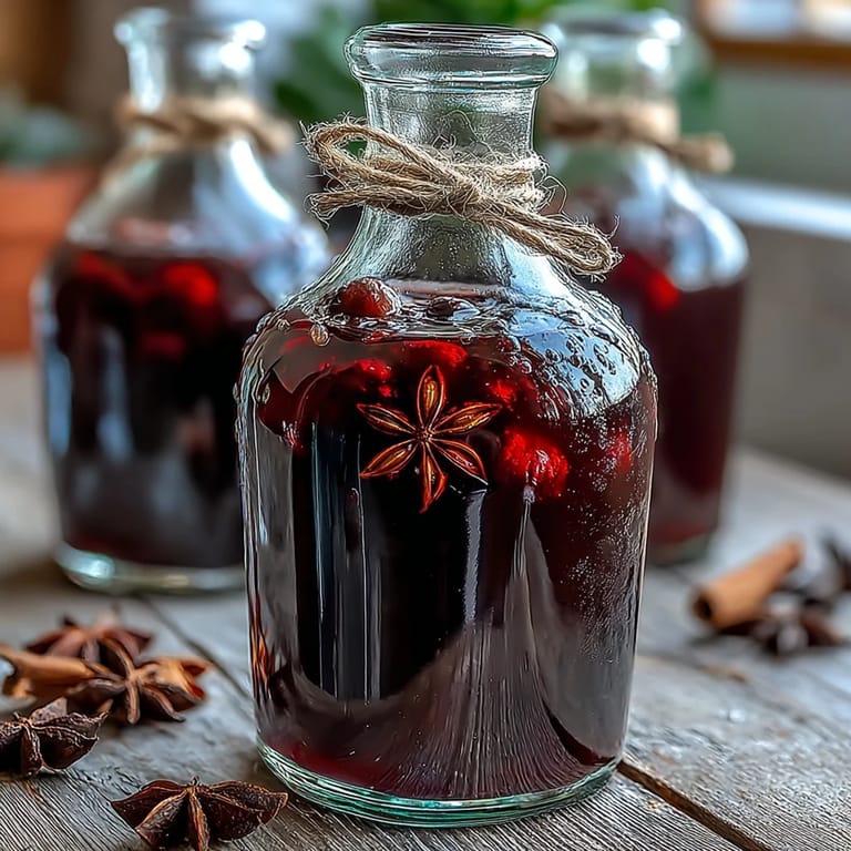 A bottle of Homemade Spiced Blackcurrant Vodka Liqueur glows with ruby-red liquid, garnished with fresh berries, ready for an elegant holiday gathering or festive toast.