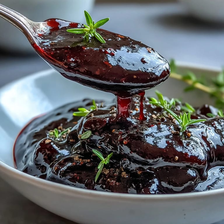 Pouring warm Black Currant Glaze over roasted root vegetables for a glossy, flavorful dinner side.