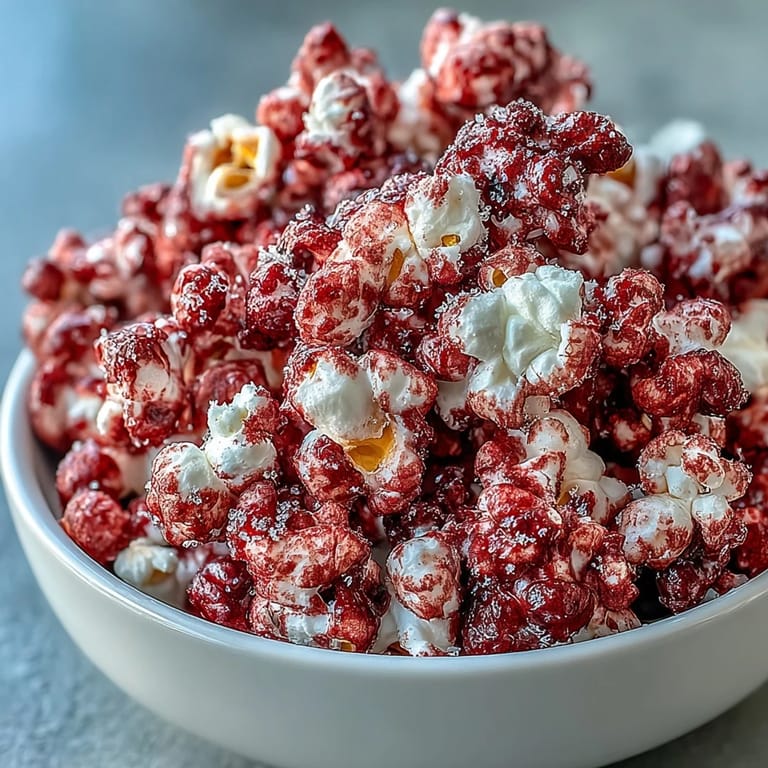 Festive Black Currant Cheesecake Kettle Corn spilling from a glass mason jar onto a white plate, perfect for parties.