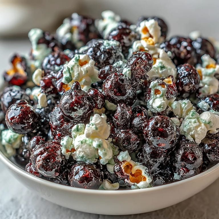 Close-up of Black Currant Cheesecake Kettle Corn kernels coated in tangy cream cheese powder and freeze-dried black currant.