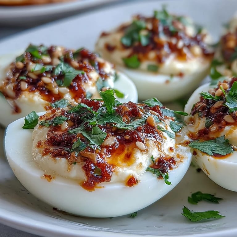 Spicy Chili Garlic Deviled Eggs on a white plate, featuring a sprinkle of sesame seeds and a hint of minced garlic.