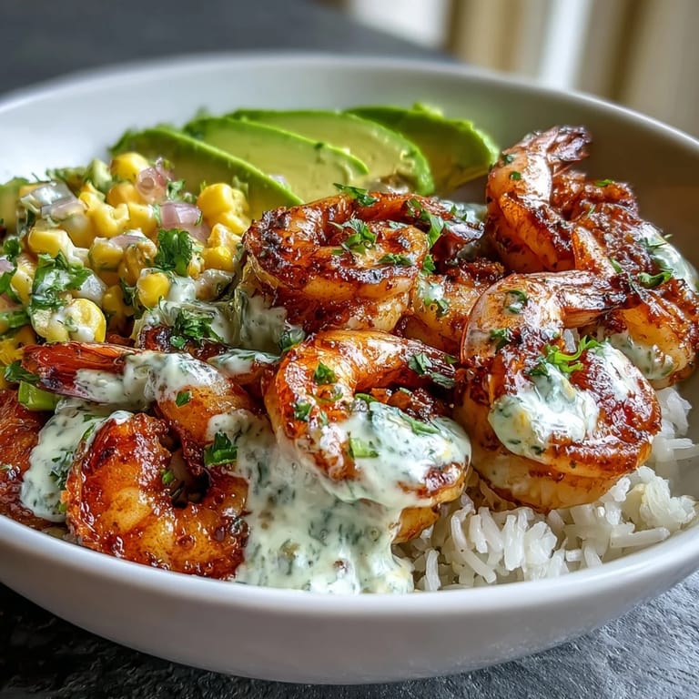 A delicious Grilled Shrimp Bowl filled with smoky shrimp, diced avocado, and fresh corn salsa, finished with a drizzle of creamy garlic sauce, ready to eat.