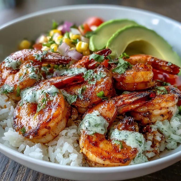 Golden grilled shrimp and bright avocado garnish a Grilled Shrimp Bowl, featuring zesty corn salsa and a rich garlic sauce over a bed of steaming rice.
