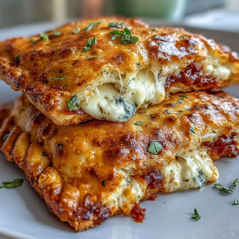 Close-up view of a High Protein Pizza Hot Pocket torn open, revealing melted low-fat mozzarella and vibrant red pizza sauce inside the soft dough.