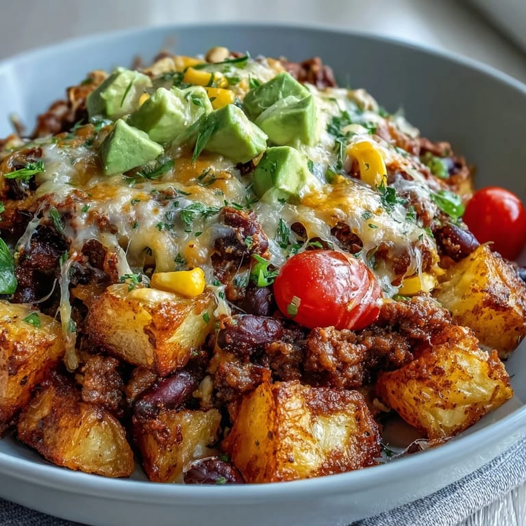 A vibrant Loaded Potato Taco Bowl with diced avocado, cherry tomatoes, fresh cilantro, and a dollop of sour cream.  