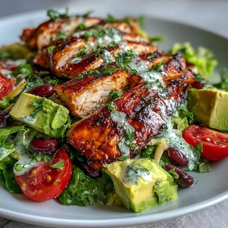 Freshly tossed High Protein Southwest Chicken Salad featuring diced chicken, bell pepper, tomatoes, and a drizzle of zesty lime dressing.