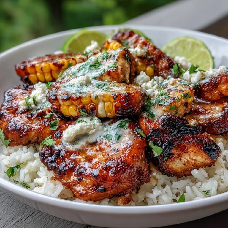 Assembled Street Corn Chicken Rice Bowl garnished with fresh cilantro, Cotija cheese, avocado slices, and lime wedges.