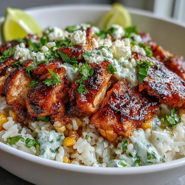 A close-up of a vibrant Street Corn Chicken Rice Bowl, showcasing golden corn and tender chicken pieces.