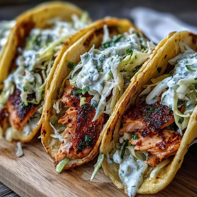 Crispy, seasoned salmon nestled in soft corn tortillas with a creamy, tangy cabbage slaw garnish.  