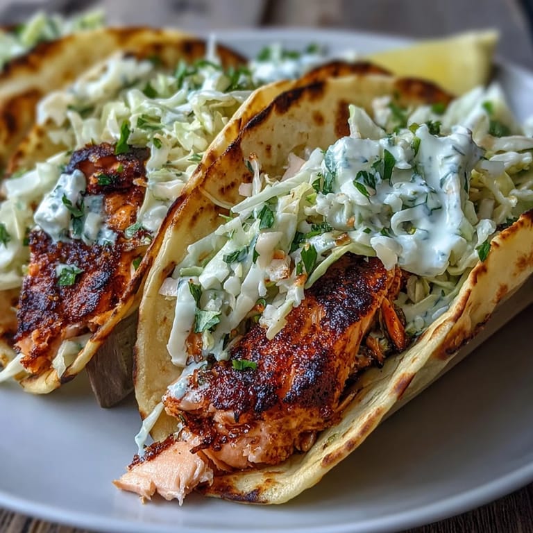 Air Fryer Salmon Tacos ready to serve, featuring flaky fish and a refreshing, crunchy slaw topping.