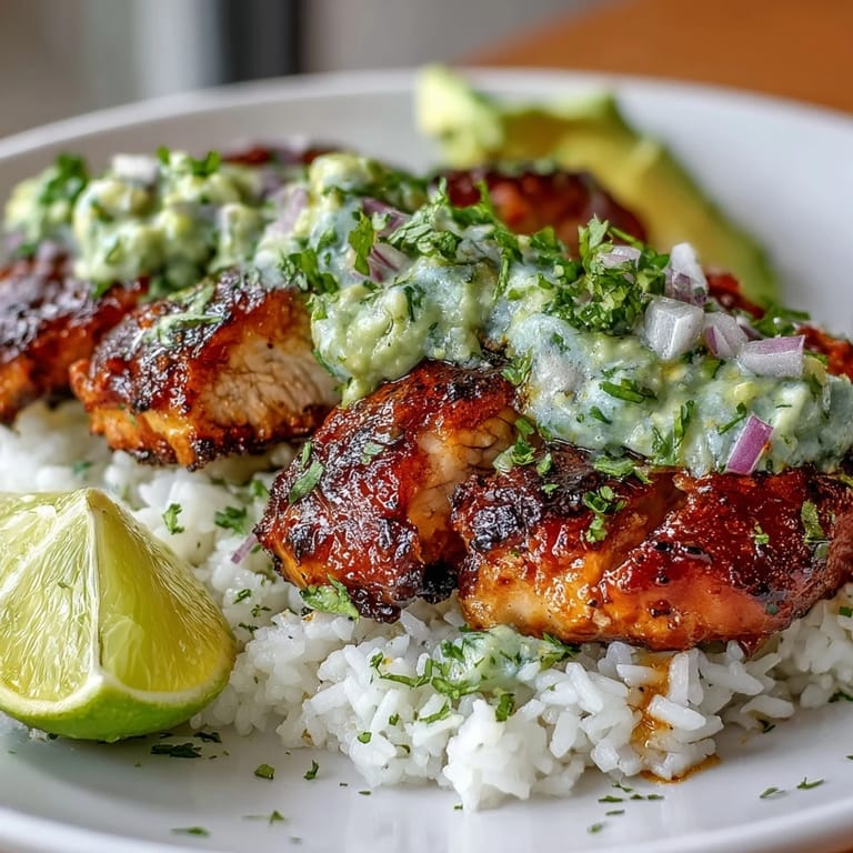 Close-up of a delicious honey lime chicken and avocado rice stack, drizzled with olive oil and fresh herbs.