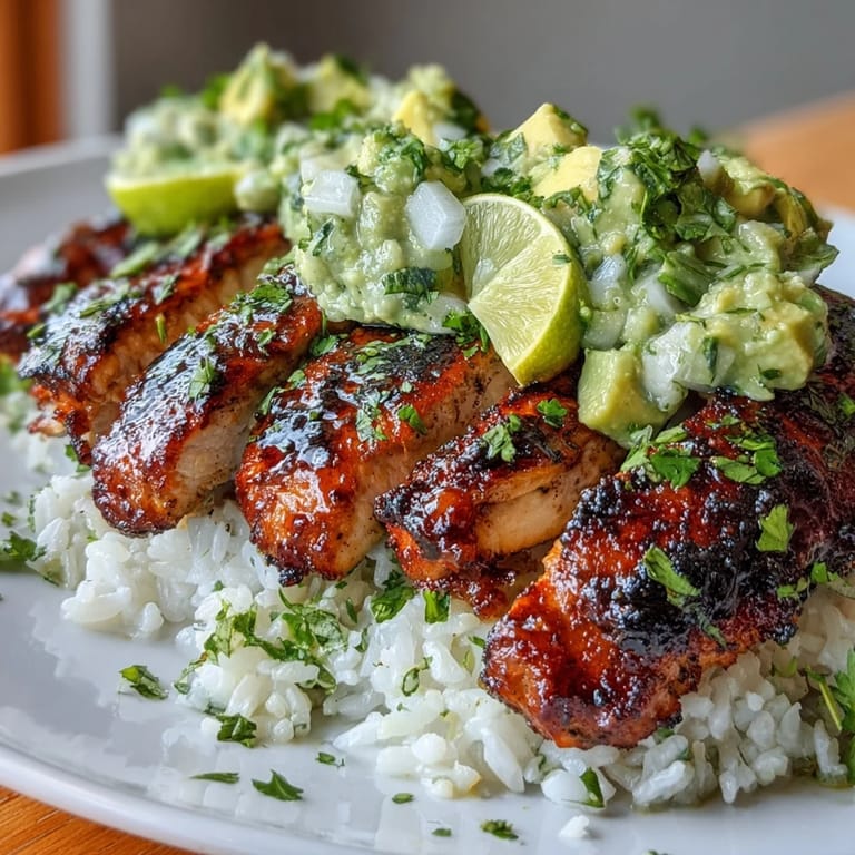 Juicy, tangy chicken sits atop fluffy rice and creamy avocado, garnished with lime wedges for a zesty finish.