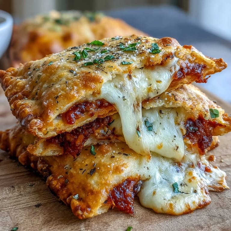 Freshly baked High Protein Pizza Hot Pockets are arranged on a rustic board, ready to be packed into meal prep containers.