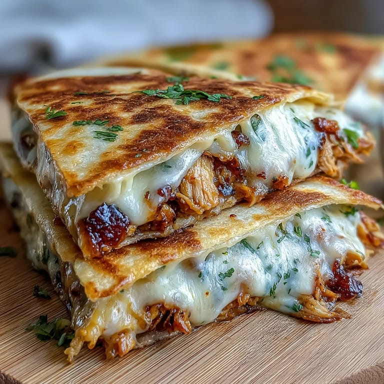 A close-up of Hot Honey BBQ Chicken Quesadillas, featuring sautéed bell peppers, onions, and spicy sweet sauce on a rustic plate.