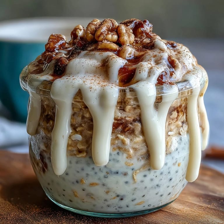 A spoon scoops into a jar of High-Protein Cinnamon Roll Overnight Oats topped with a sweet glaze.