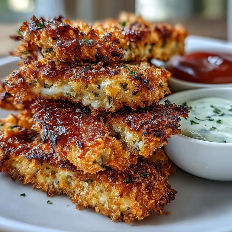 A hand dipping a Crispy Baked Chicken Parmesan Fry into creamy ranch dressing.