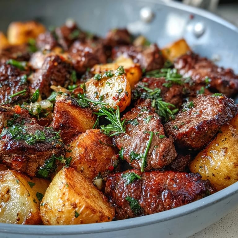 Sizzling steak and potatoes in a rustic cast-iron skillet, garnished with fresh parsley for a hearty dinner.