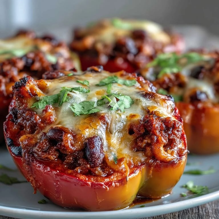 Baked Chili Mac Stuffed Peppers halved to reveal a hearty chili mac filling with black beans