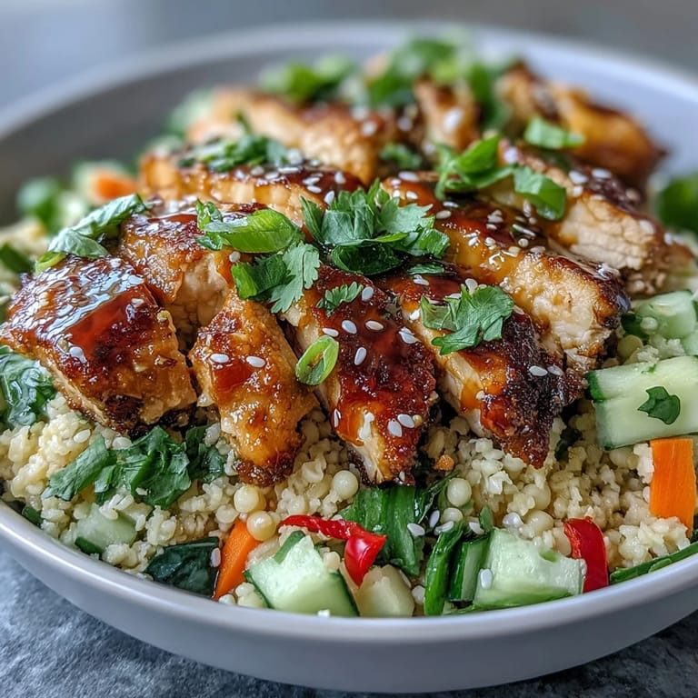 Tender, golden chicken rests on fluffy pearl couscous, garnished with sesame seeds and fresh herbs in a lunch bowl.