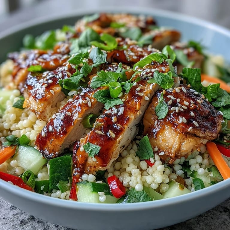 Colorful bowls of Mediterranean-Asian Sesame Ginger Chicken Couscous served warm with cucumber, carrots, and zesty lime drizzle.