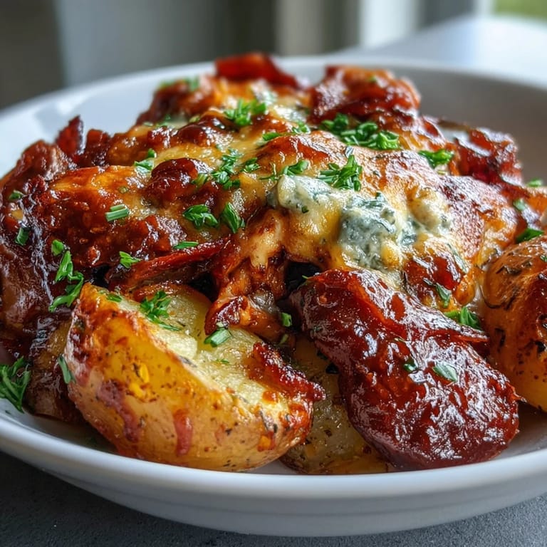 Sizzling Buffalo Ranch Chicken Potato Bake served hot from the oven with red bell peppers and onions.