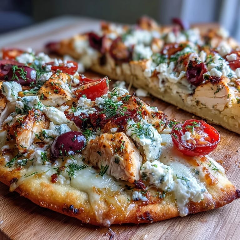 A close-up view of a delicious Lemon Feta Chicken Naan Pizza featuring golden naan crust, tender marinated chicken, crumbled feta, and red onion slices.