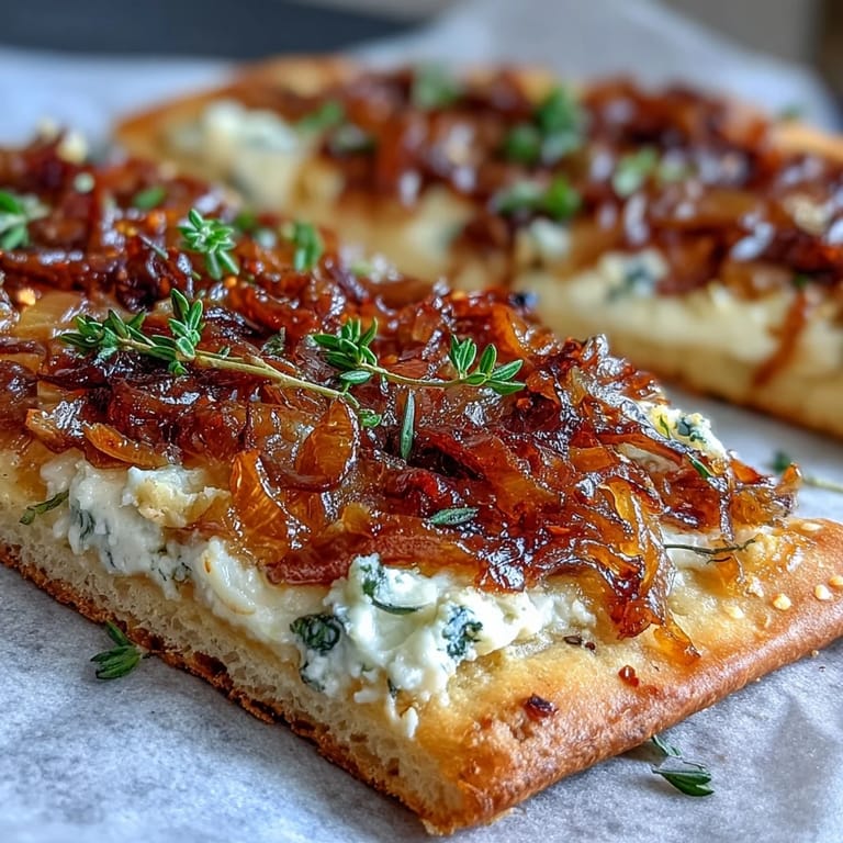 Crisp crust layered with creamy goat cheese and sweet onions, served warm for an appetizer.