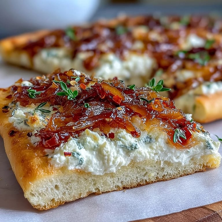 Freshly baked Goat Cheese & Caramelized Onion Flatbread with chili flakes and a honey glaze.