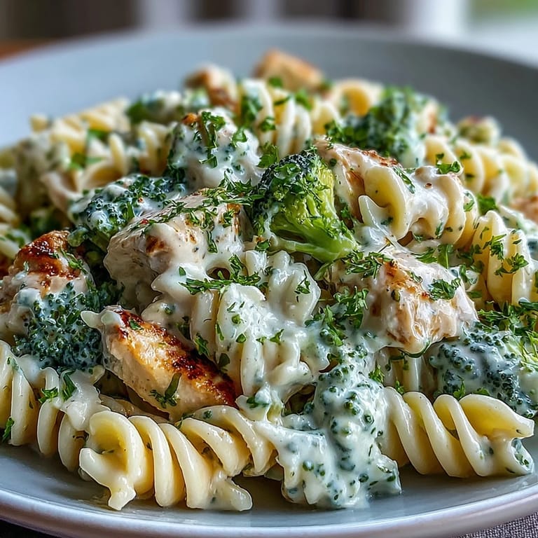 Garlic Parmesan Broccoli & Chicken Pasta in a white bowl, topped with parsley and extra Parmesan.